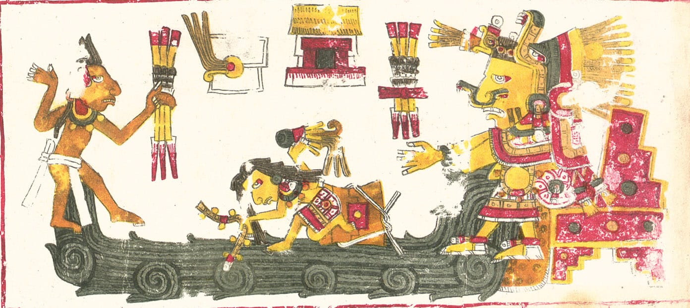 Representación de Chalchiuhtlicue, diosa del agua en la mitología azteca, tomada del Códice Borgia. La escena muestra a la deidad interactuando con figuras humanas, simbolizando su relación con el agua como fuente de vida y su poder destructivo.