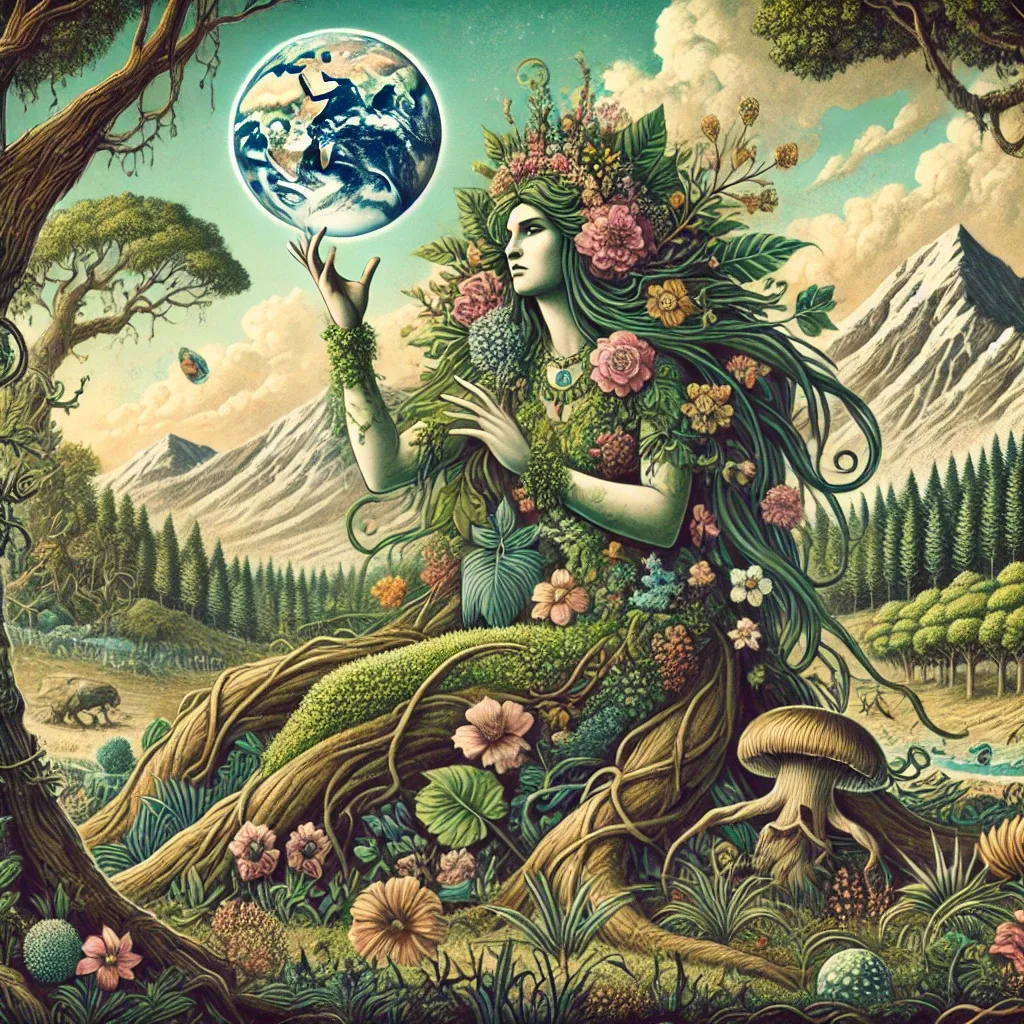 Ilustración artística de Gaia, la Madre Tierra en la mitología griega, rodeada de vegetación exuberante y elementos naturales que representan su poder y fertilidad.