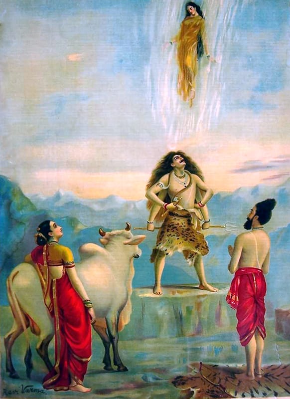 Pintura titulada "El descenso de Ganga" de Ravi Varma, donde se representa al dios Shiva recibiendo a la diosa Ganga, mientras Párvati, Surabhí y el sabio Baguirata observan en actitud devocional.
