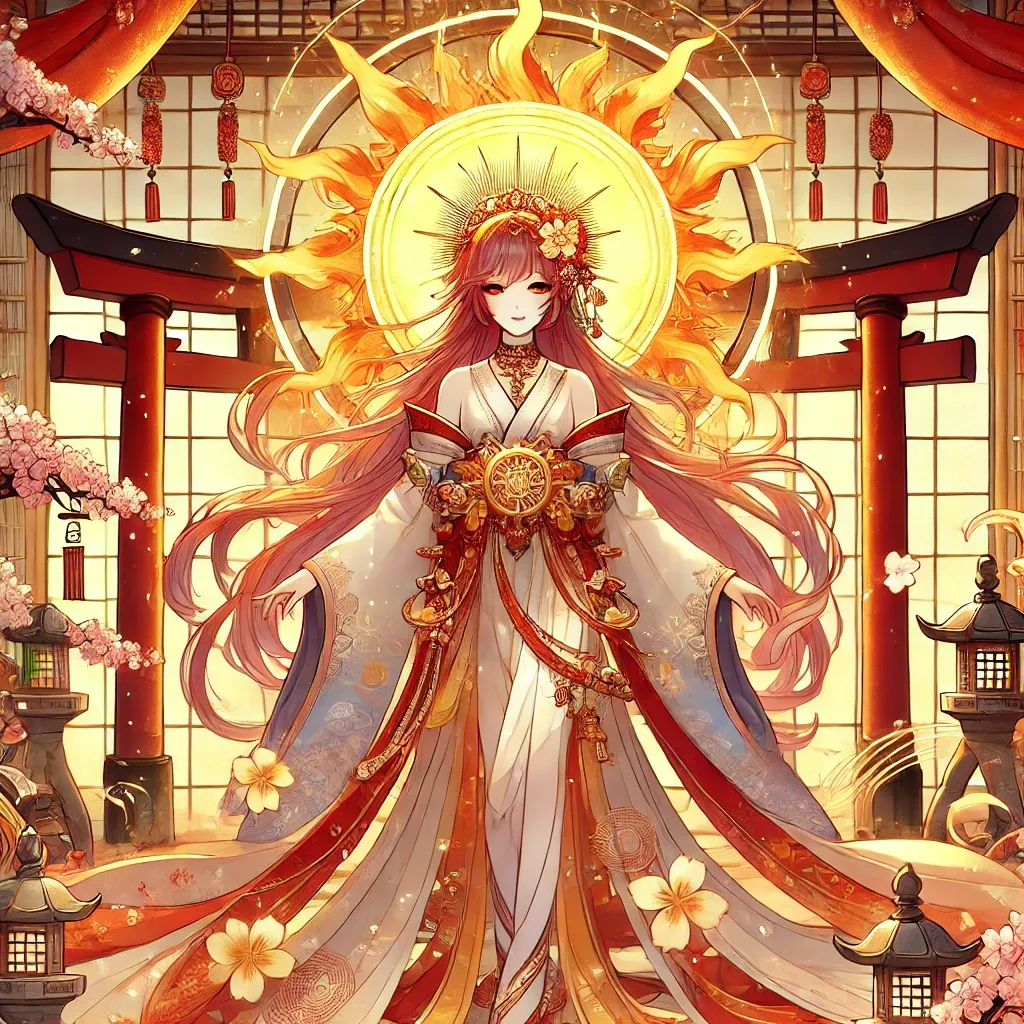 Ilustración estilo anime de Amaterasu, la diosa del sol, con un fondo de torii, cerezos en flor y un sol radiante en la tradición japonesa.