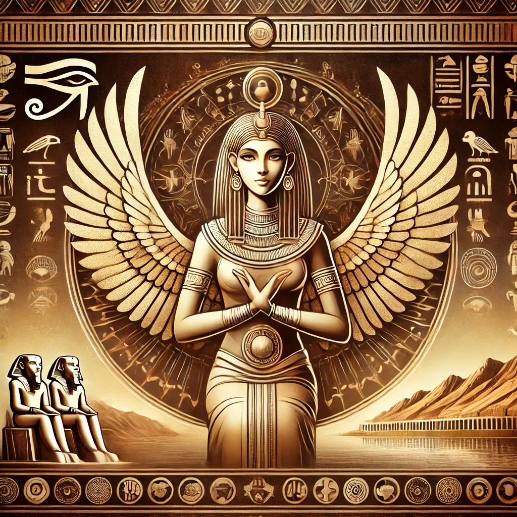 Ilustración de una figura femenina inspirada en Isis, la diosa madre egipcia, con jeroglíficos, el río Nilo y arquitectura estilizada como fondo.