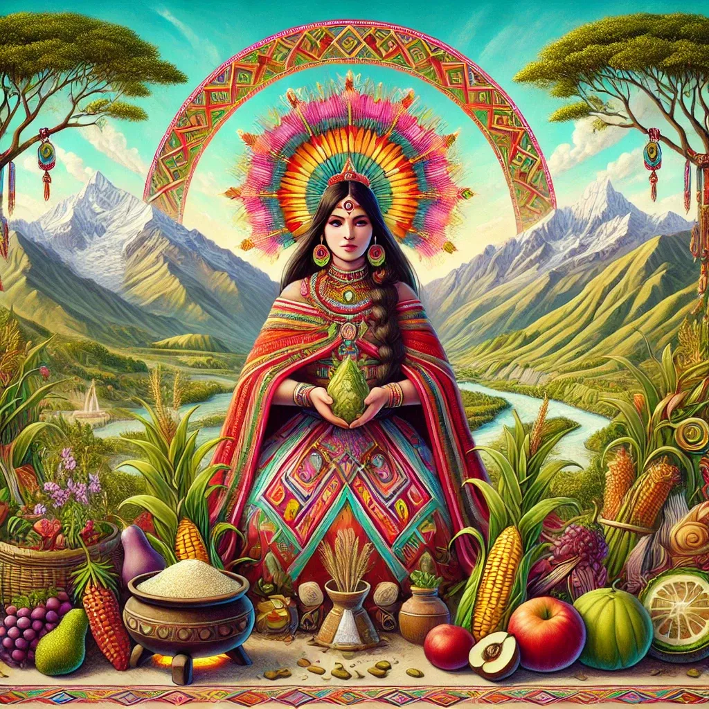 Ilustración artística de Pachamama, la diosa andina, rodeada de montañas, vestida con ropas tradicionales y rodeada de elementos que simbolizan fertilidad y abundancia.