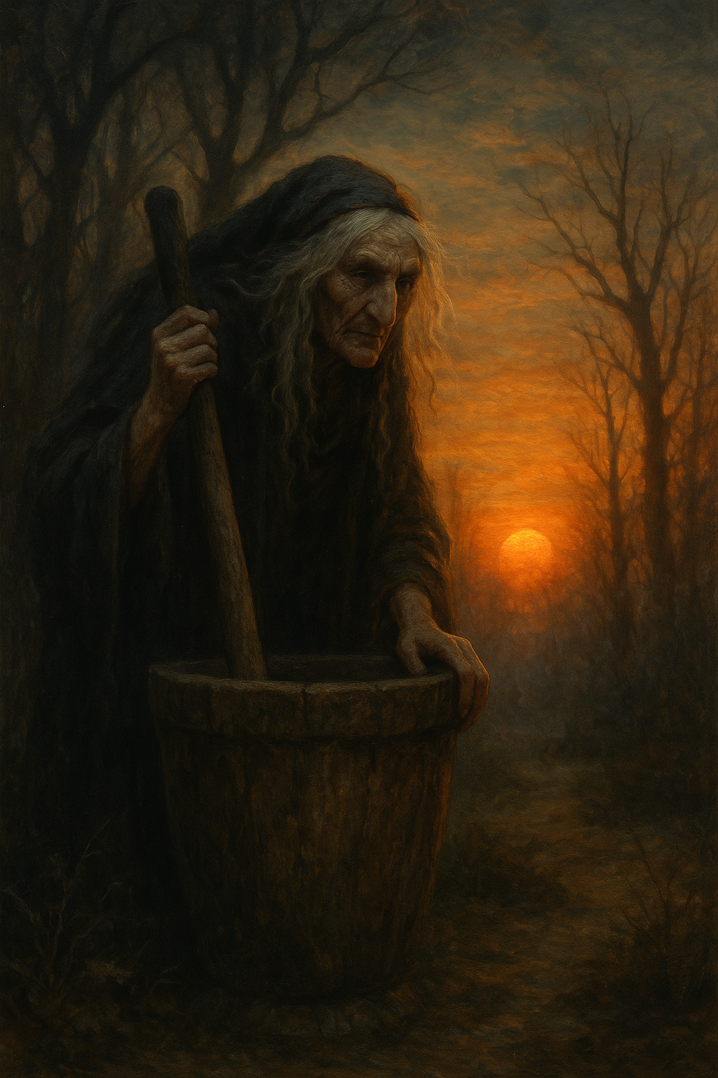 Ilustración de Baba Yaga en el bosque durante el amanecer, con tonos cálidos y dorados que representan la transformación y la sabiduría adquirida.