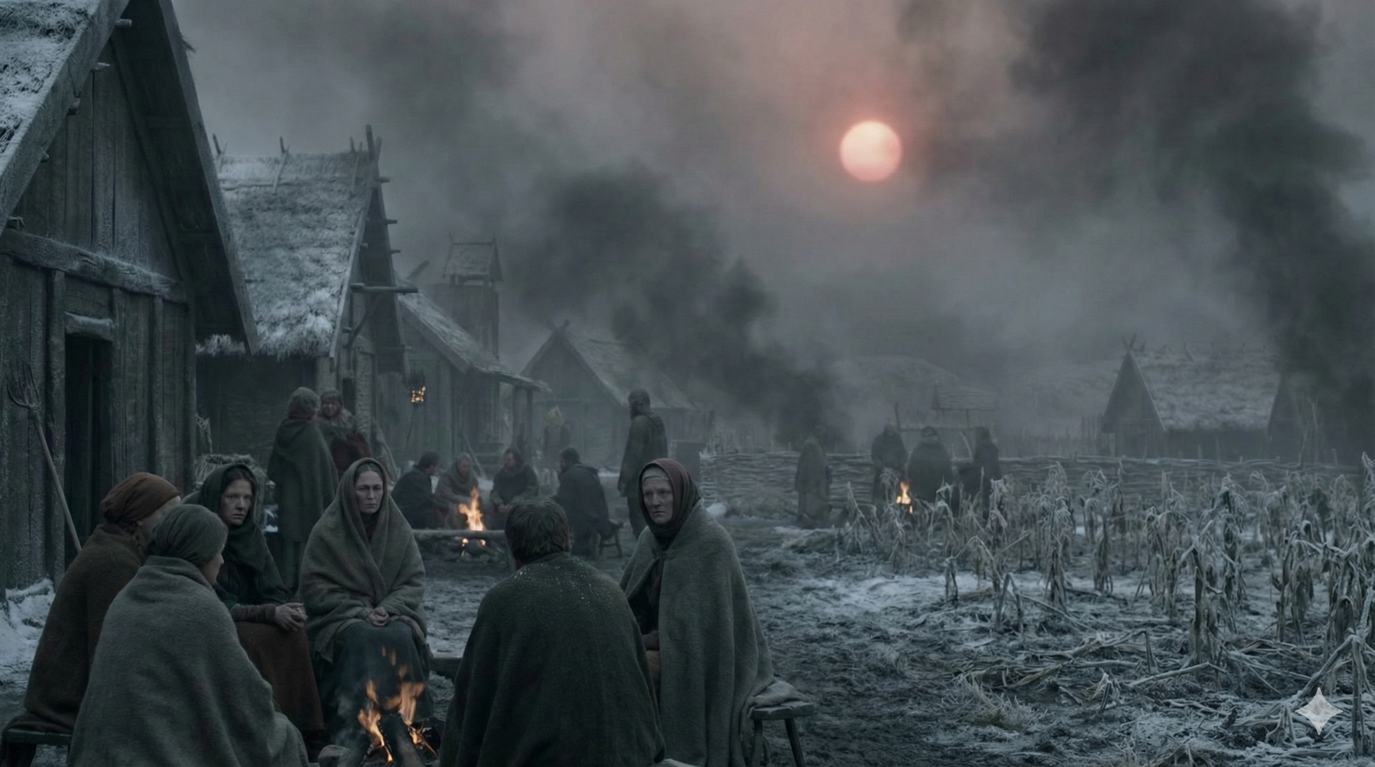 Aldeanos vikingos acurrucados alrededor de una hoguera en un poblado medieval cubierto de nieve y niebla volcánica. Un sol rojizo y tenue se ve a través del humo, y los cultivos marchitos están cubiertos de escarcha, transmitiendo una sensación de desesperación y frío.