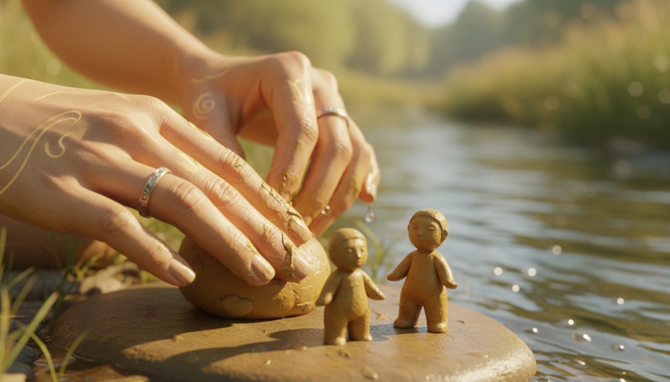 Manos de una diosa modelando pequeñas figuras humanas con arcilla amarilla a la orilla de un río.