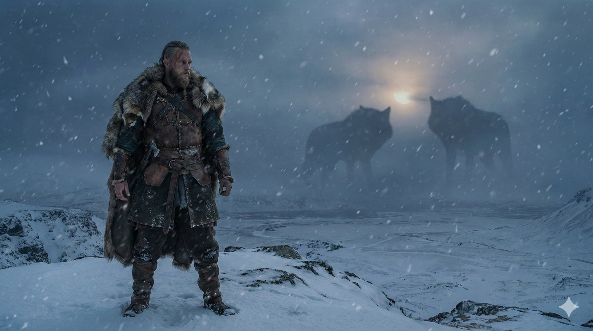 Un guerrero vikingo en una montaña nevada mira hacia un cielo oscuro donde siluetas de lobos gigantes consumen un sol tenue durante una fuerte nevada.