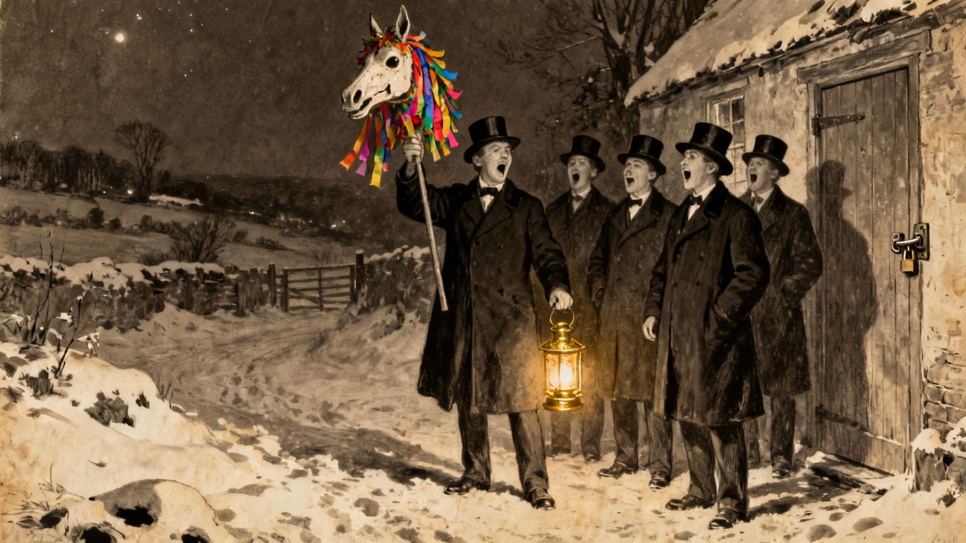 Escena nocturna de un grupo de hombres victorianos con sombreros de copa sosteniendo una Mari Lwyd colorida y cantando frente a una casa nevada.