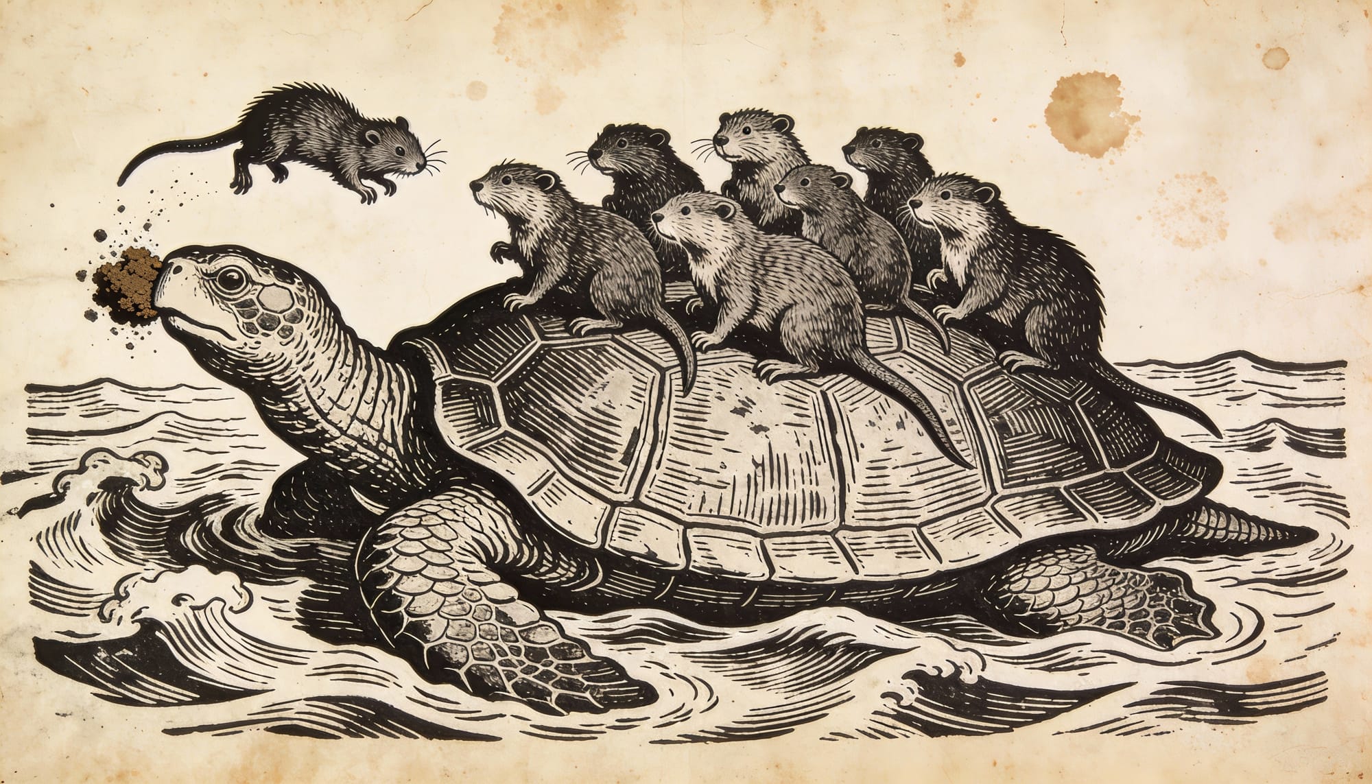 Xilografía antigua de una gran tortuga marina con animales sobre su caparazón y una rata almizclera buceando.