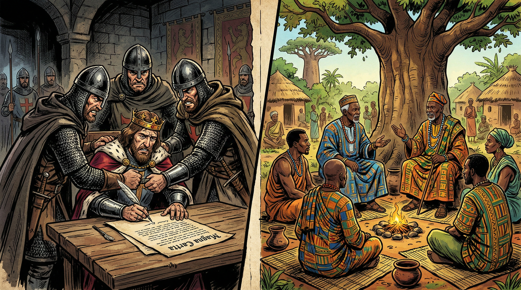 Carta Magna (1215) vs. Kouroukan Fouga (c. 1235): dos visiones del contrato social.