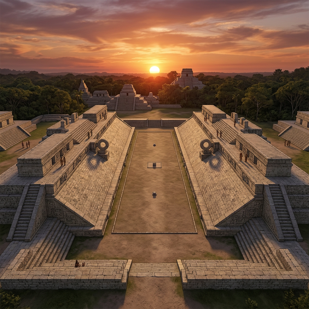 Las canchas se construían a menudo en zonas hundidas, simbolizando una grieta o entrada directa al inframundo de Xibalbá.