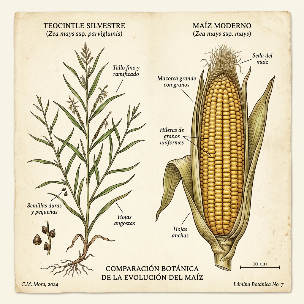 El maíz es un mutante biológico que no existe en estado salvaje; fue creado a través de miles de años de selección artificial por agricultores mesoamericanos.
