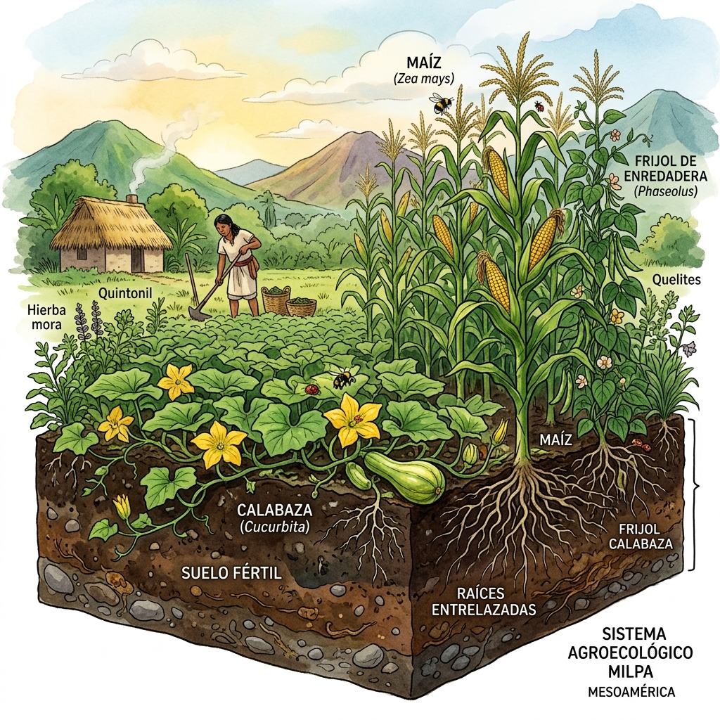 'Las tres hermanas' (maíz, frijol y calabaza) forman un ecosistema simbiótico perfecto que regenera el suelo en lugar de agotarlo.