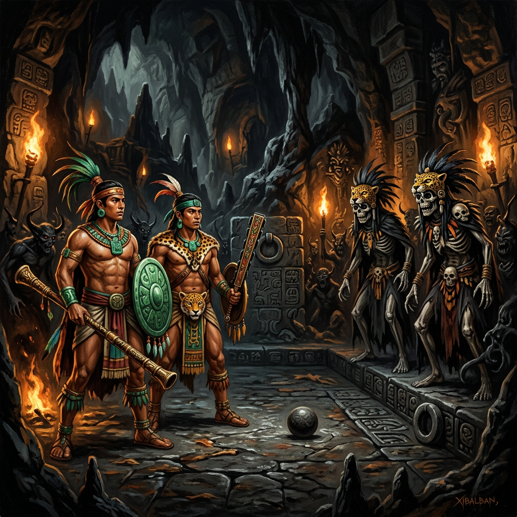 Según el Popol Vuh, los gemelos descendieron al inframundo para vengar a su padre en un partido de pelota cósmico contra las fuerzas de la muerte.