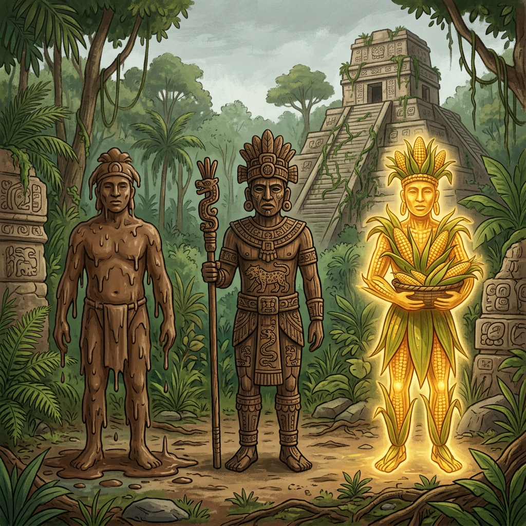 Los dioses mayas procedieron mediante ensayo y error, descartando versiones defectuosas de la humanidad antes de lograr el éxito con el maíz.