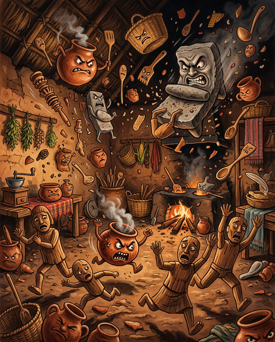 En el Popol Vuh, la rebelión no la protagonizan los grandes sistemas, sino las ollas de cocina descuidadas. Una imagen más inquietante de lo que parece.