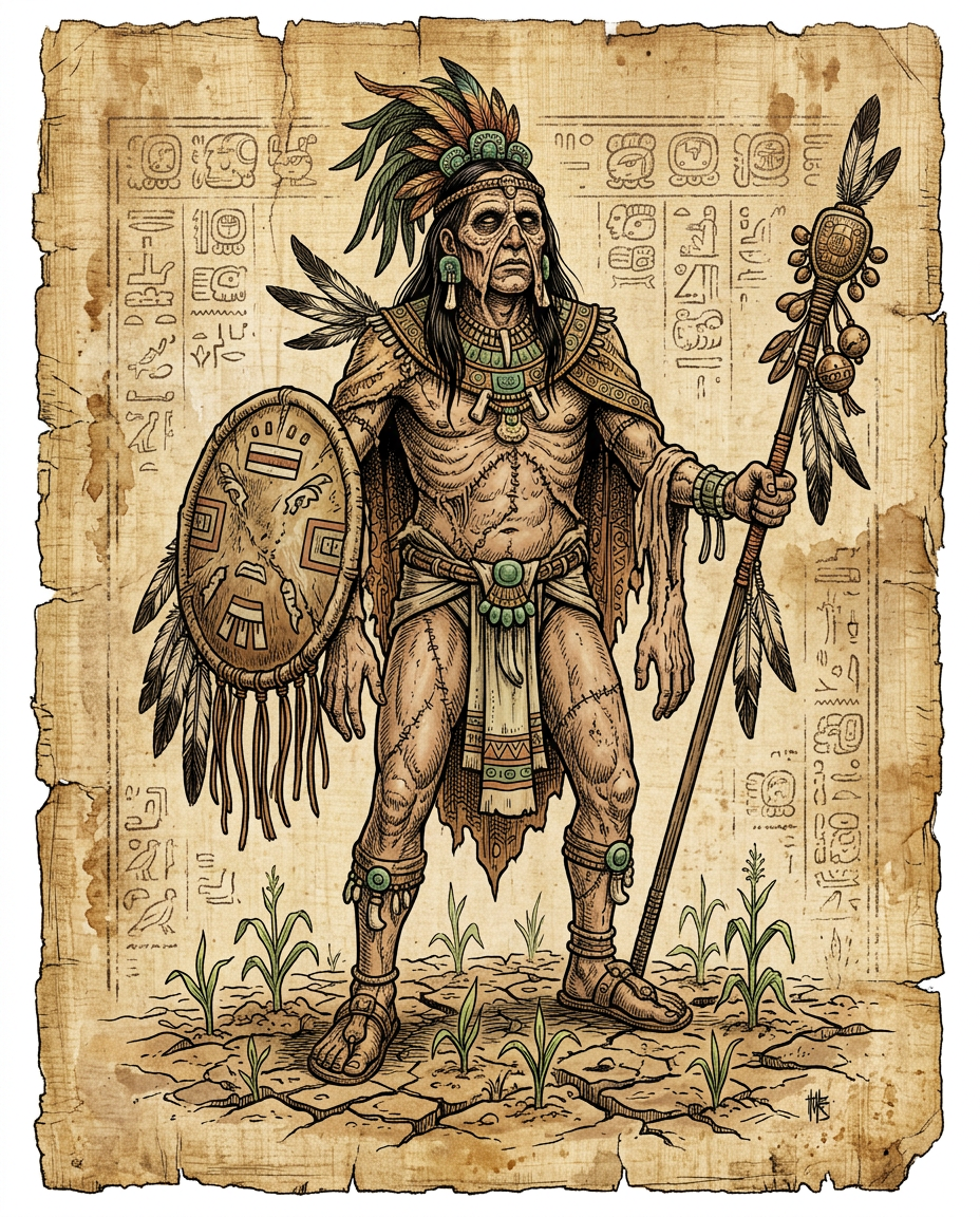 Para los aztecas, la muerte no era un final estéril, sino el motor de la vida. Xipe Totec viste la piel muerta del sacrificio para simbolizar la semilla seca que debe romperse para que nazca la primavera.