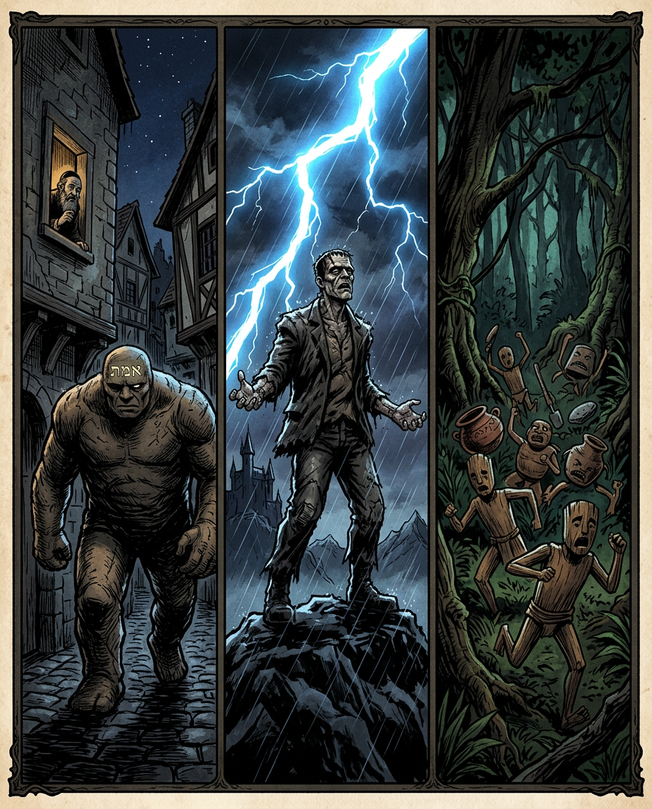 Tres arquetipos de la rebelión: el Golem (problema de control), Frankenstein (problema de abandono), los hombres de madera (problema de reciprocidad).