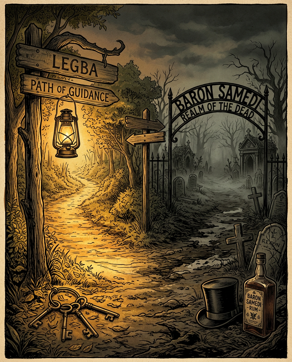 En la cosmología vudú, la encrucijada no es un solo lugar. Es el concepto fundamental de transición, custodiado tanto por la sabiduría de Legba como por la irreverencia de Baron Samedi.
