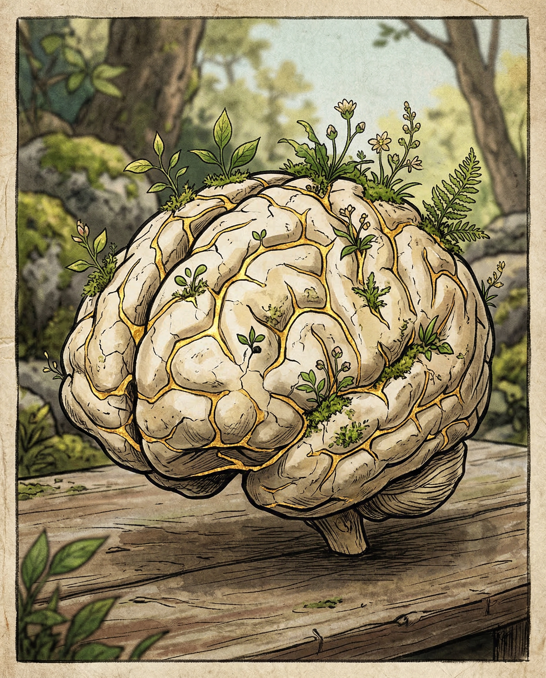 Cerebro kintsugi El cerebro como una pieza de Kintsugi. El crecimiento postraumático no consiste en borrar las cicatrices, sino en rellenarlas de oro, creando una estructura nueva, más bella y resiliente que la original.