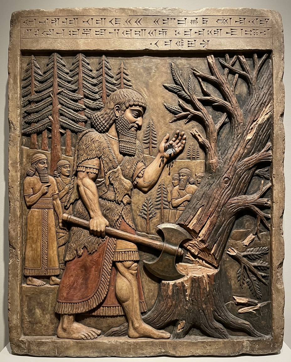 Enkidu, el hombre de la naturaleza, se convierte en el agente de su destrucción. Un arquetipo de la relación de la humanidad con el planeta.