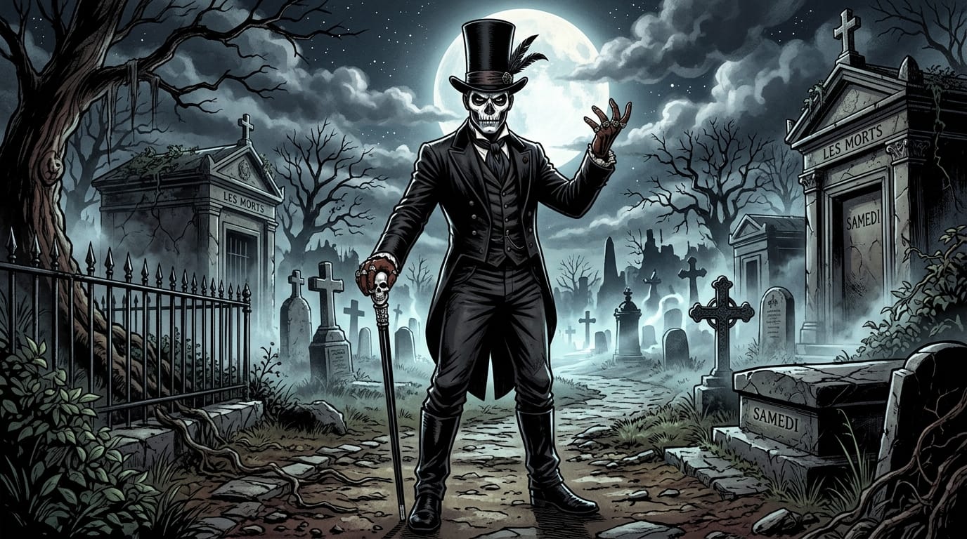 Baron Samedi, el lwa del cementerio, vigila la encrucijada entre el mundo de los vivos y el de los ancestros, desafiando la solemnidad con su puro y su ron.