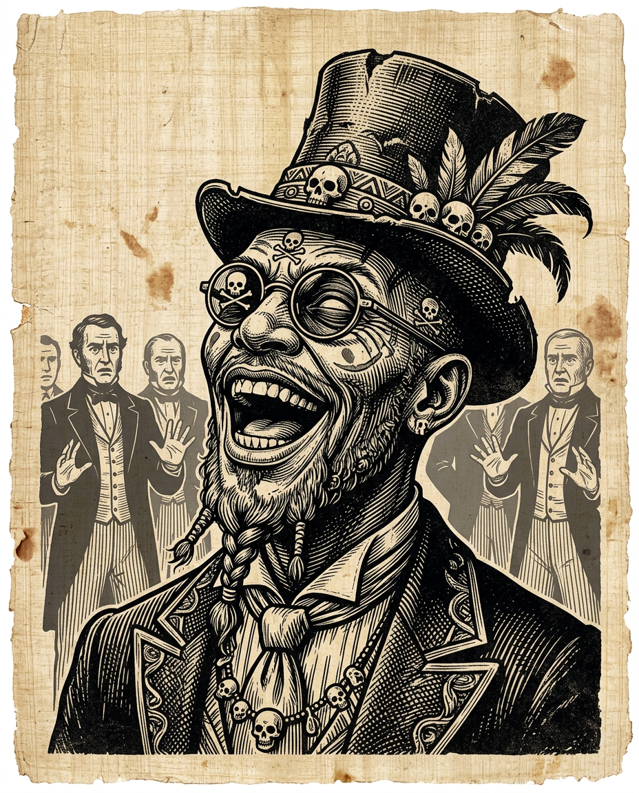 Baron Samedi riendo a carcajadas frente a las siluetas de colonos sorprendidos. En el vudú, la irreverencia de Baron Samedi frente a la muerte funcionaba como un arma política. Su risa despojaba a los amos coloniales del terror que usaban para controlar a los esclavizados.