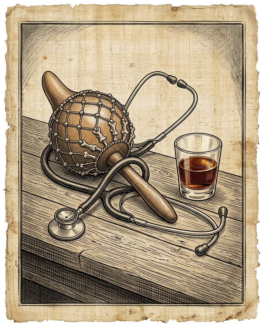 Estetoscopio médico entrelazado con una maraca ritual vudú sobre una mesa. Desde los hospitales modernos hasta las ceremonias vudú, el ser humano sigue utilizando las mismas herramientas psicológicas (el ritual, la comunidad y el humor) para procesar el misterio insondable de la muerte.