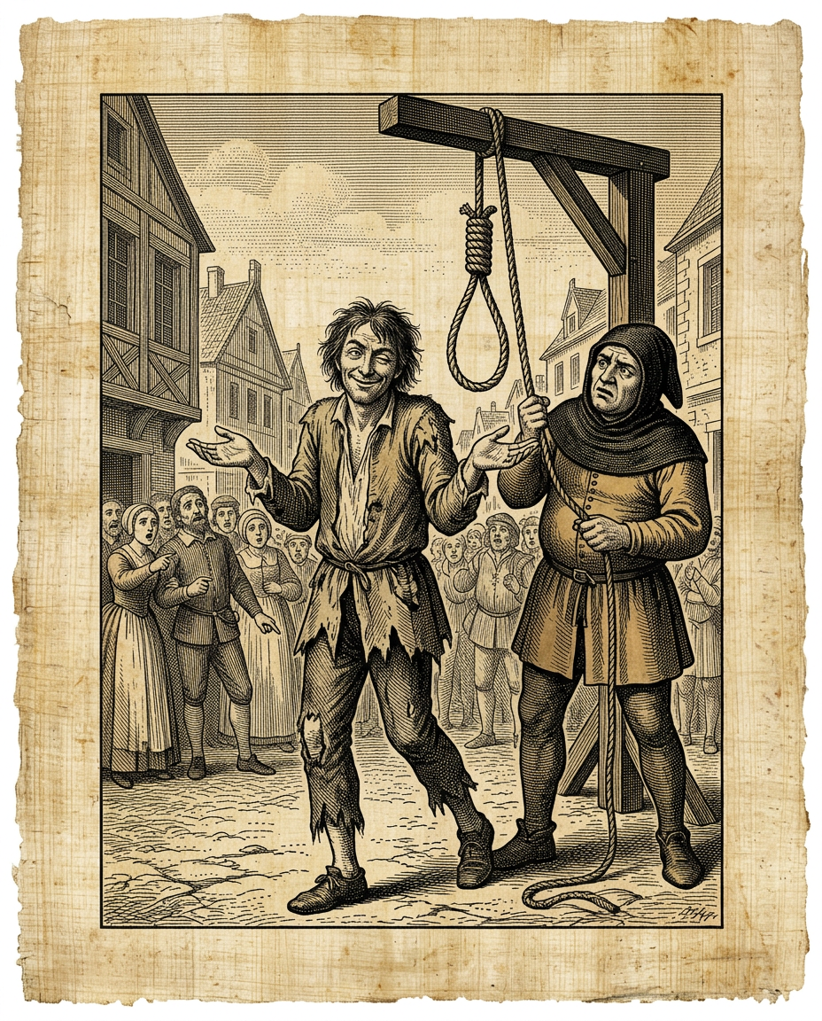 Ilustración estilo grabado de un hombre guiñando el ojo mientras camina hacia la horca. Para Sigmund Freud, el "humor de patíbulo" era el mayor triunfo del ego sobre la realidad: la negativa rotunda a dejarse quebrar psicológicamente por un destino inevitable.