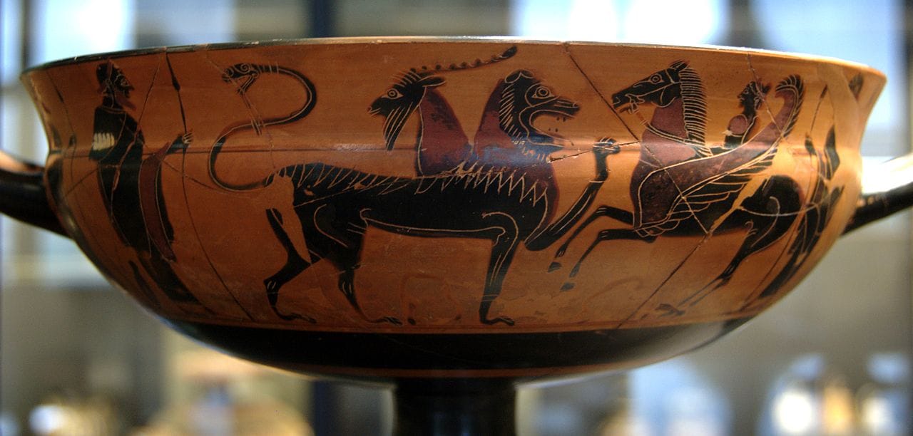 Belerofonte y la Quimera, kylix laconio de figuras negras