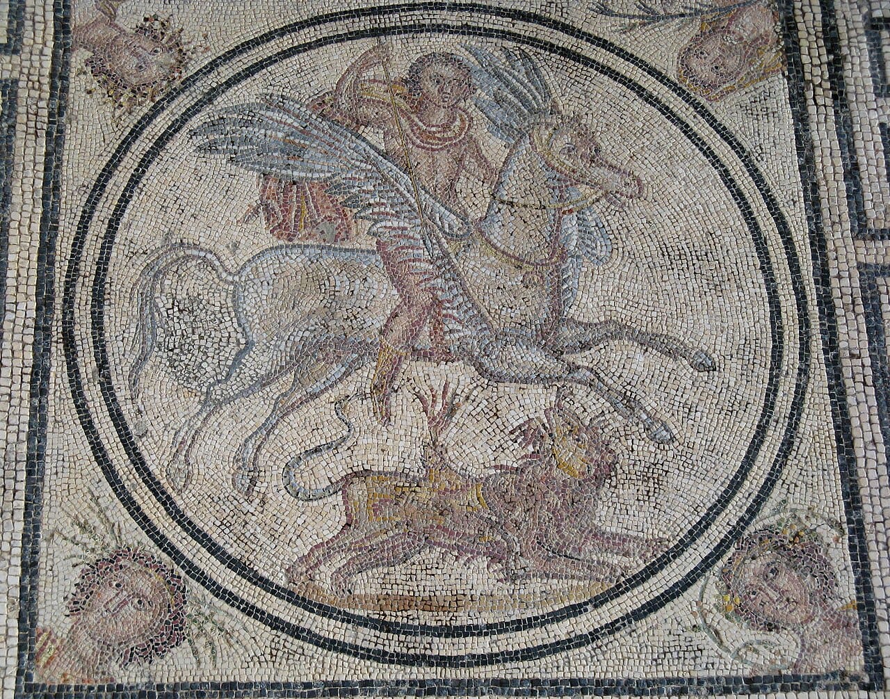 Mosaico romano de Belerofonte montando a Pegaso y matando a la Quimera