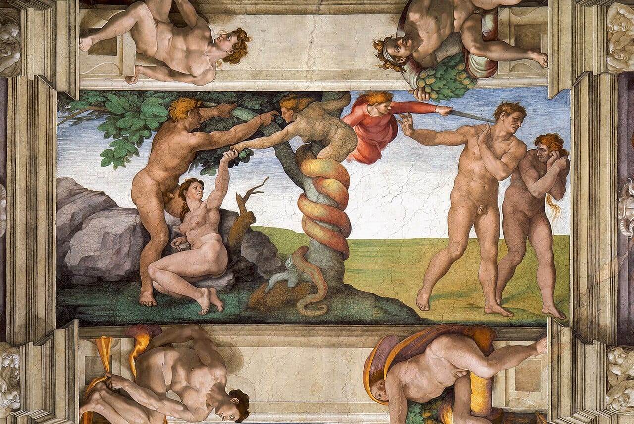 Fresco renacentista dividido en dos mitades: a la izquierda, un hombre y una mujer toman fruto de un árbol del que surge una figura mitad serpiente mitad mujer; a la derecha, son expulsados por un ángel con espada