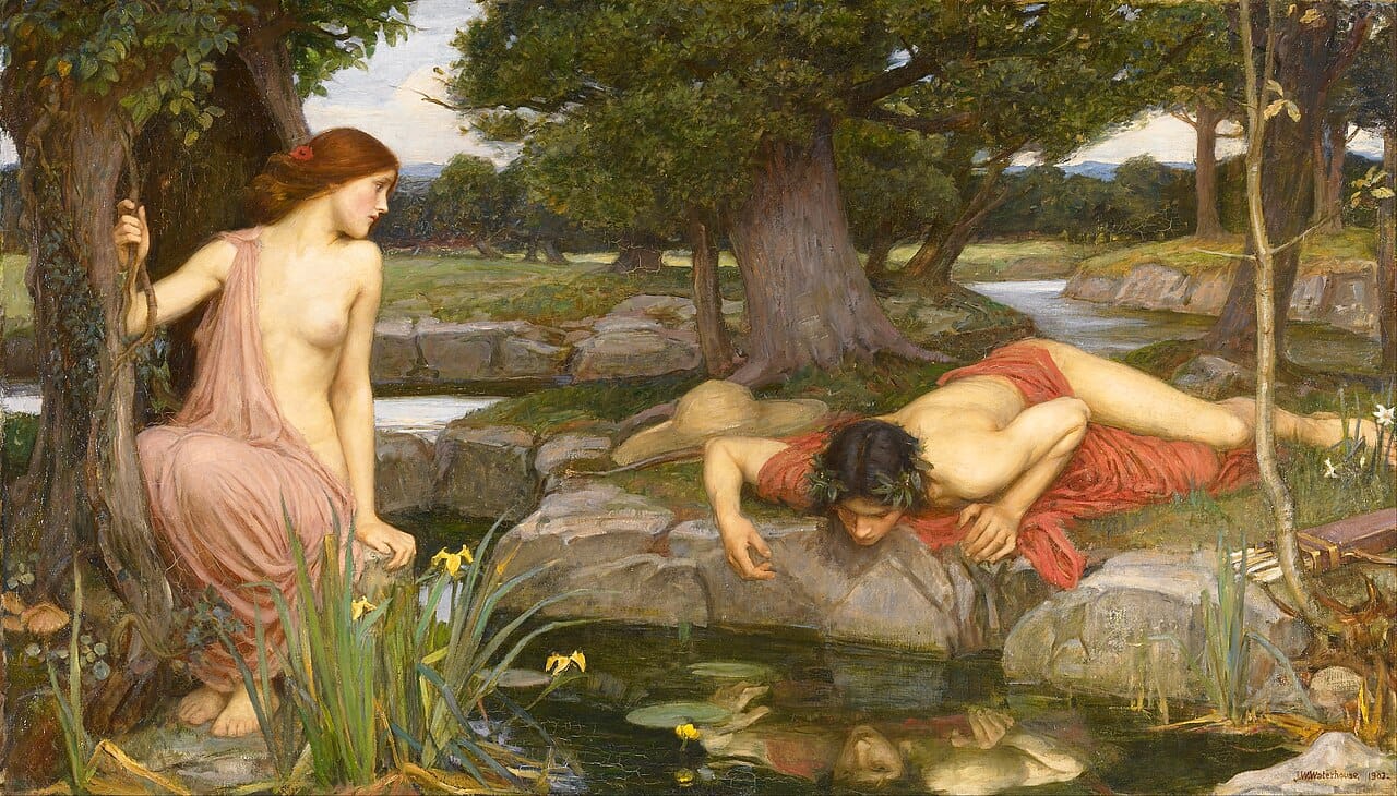 Pintura al óleo de un joven apuesto recostado mirando su reflejo en el agua, mientras una ninfa lo observa melancólicamente desde la distancia