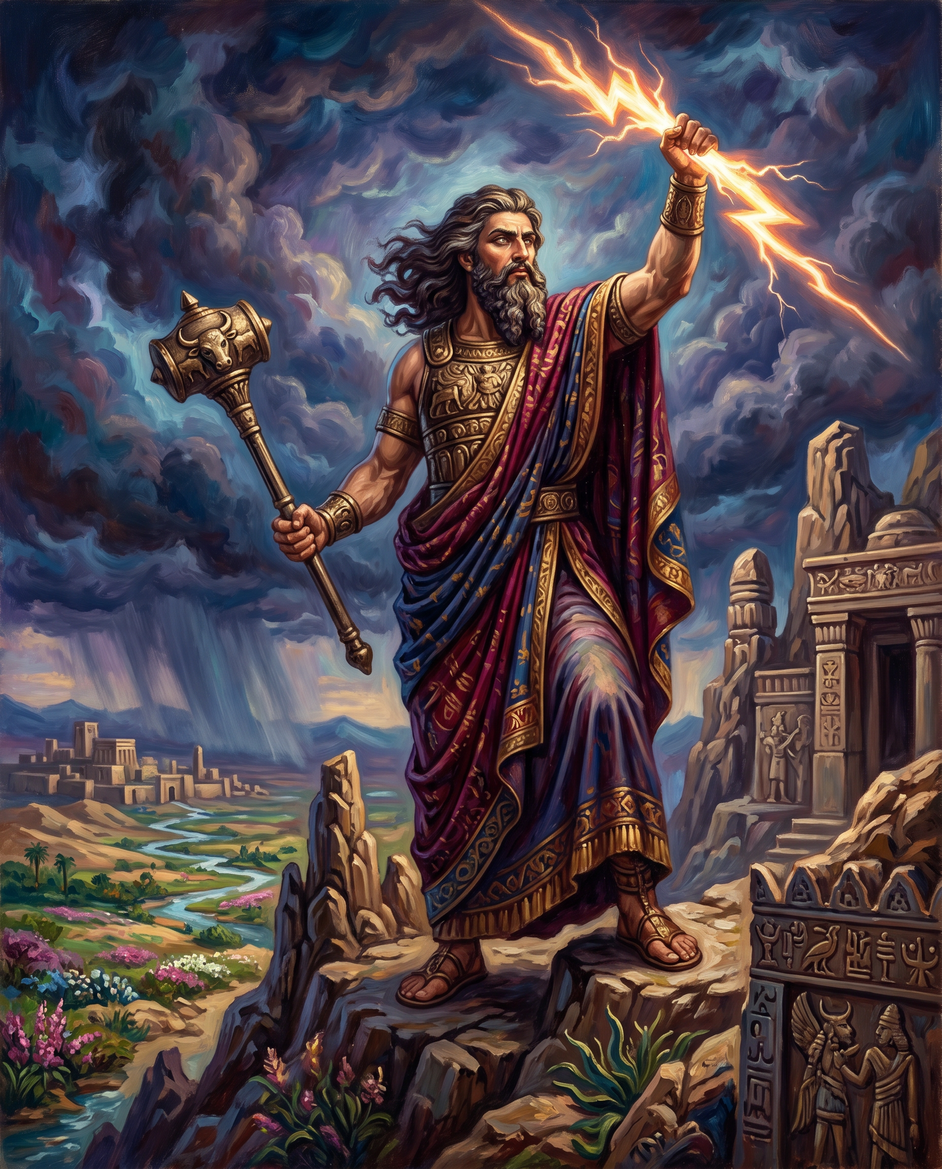 Retrato oscuro y tormentoso del dios Baal levantando un rayo brillante sobre su cabeza en medio de nubes negras