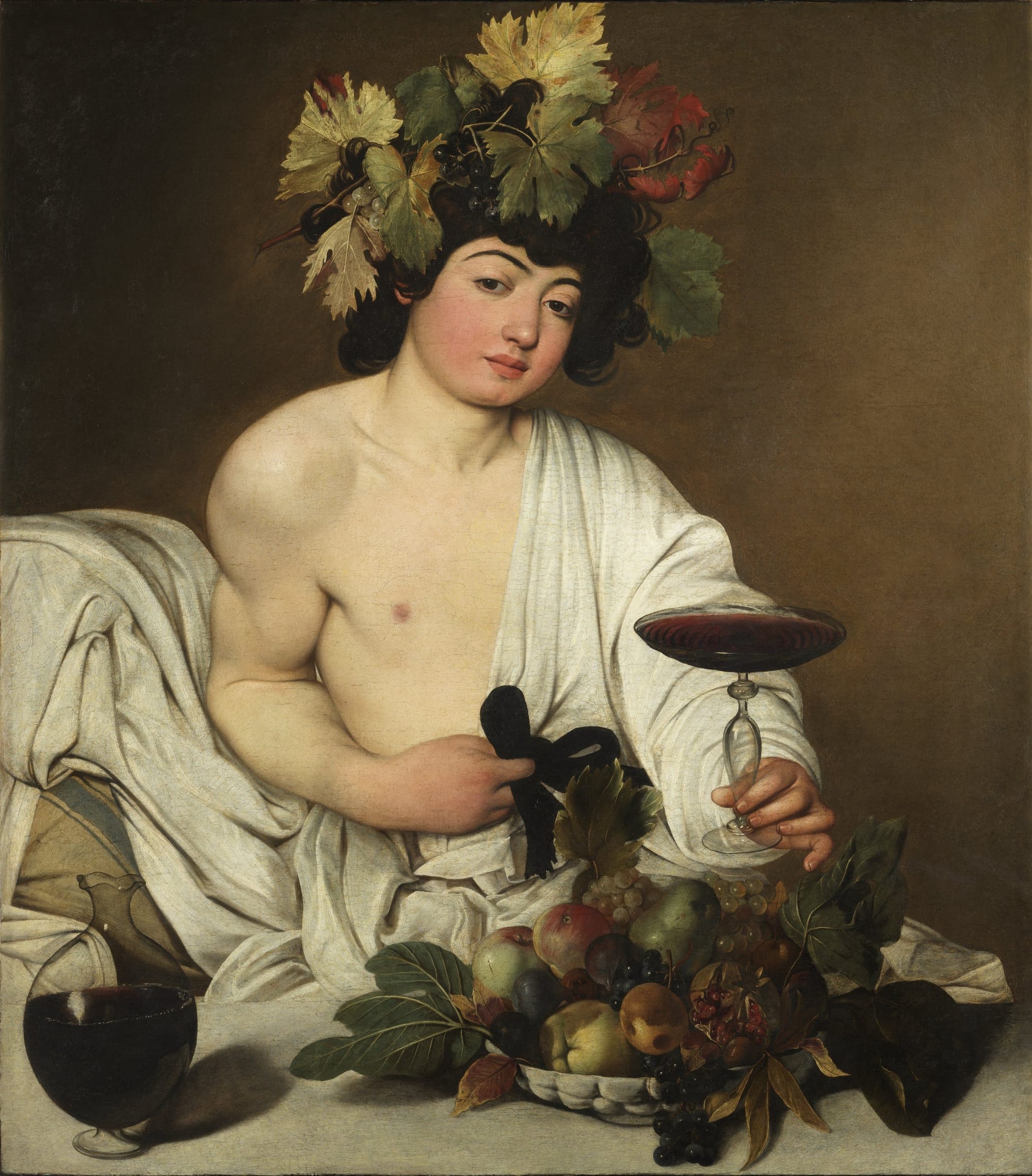Pintura de Baco por Caravaggio ofreciendo una copa de vino