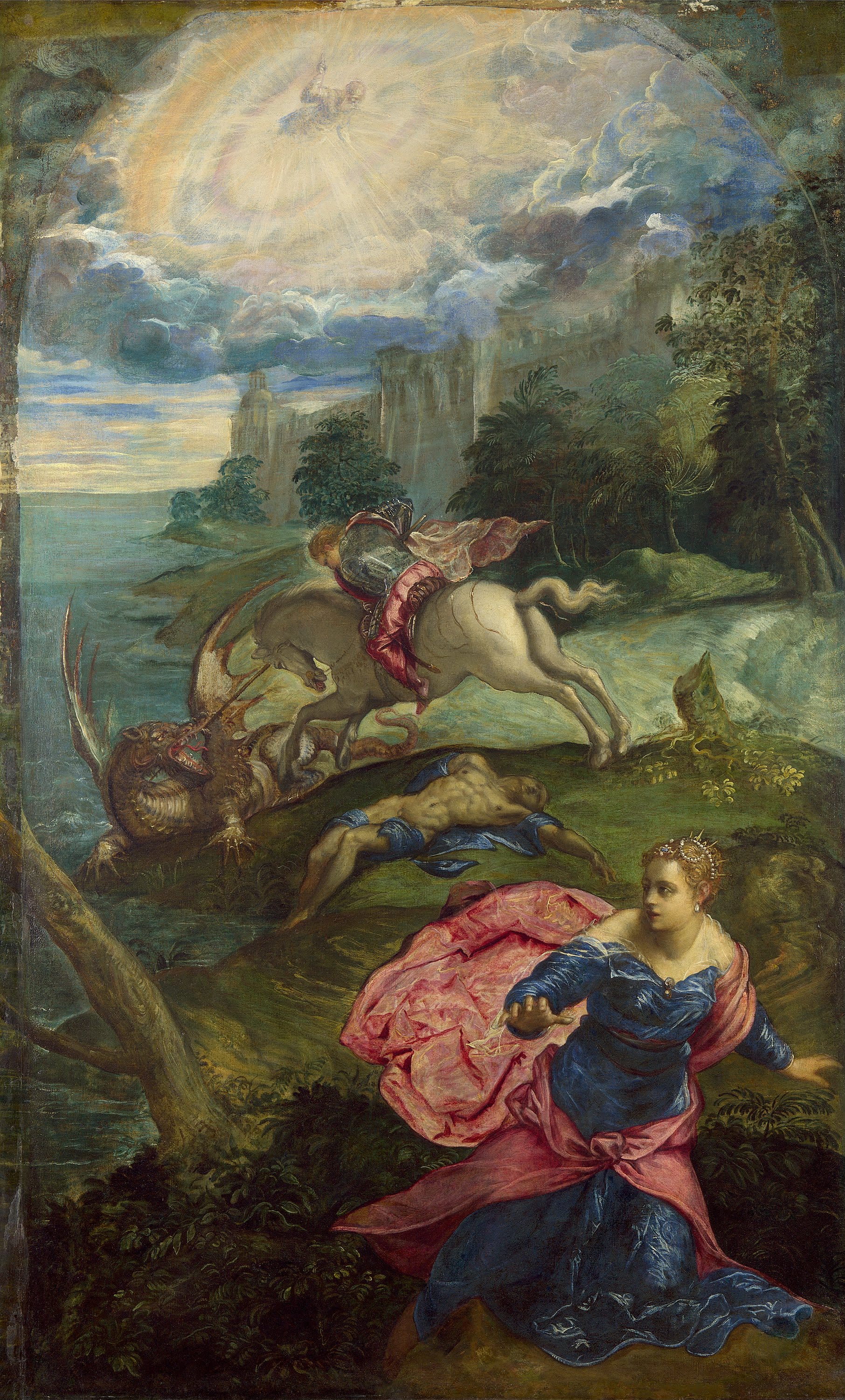 Pintura de San Jorge matando al dragón con una lanza, rescatando a la princesa