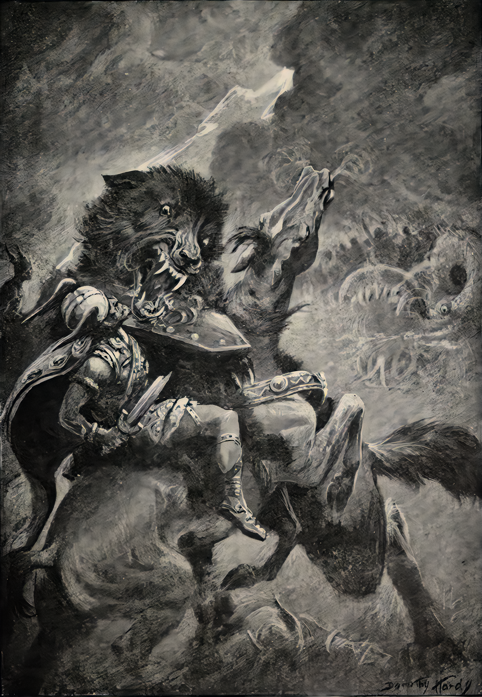 Odín y Fenrir en el Ragnarök, ilustración de Dorothy Hardy (1909)