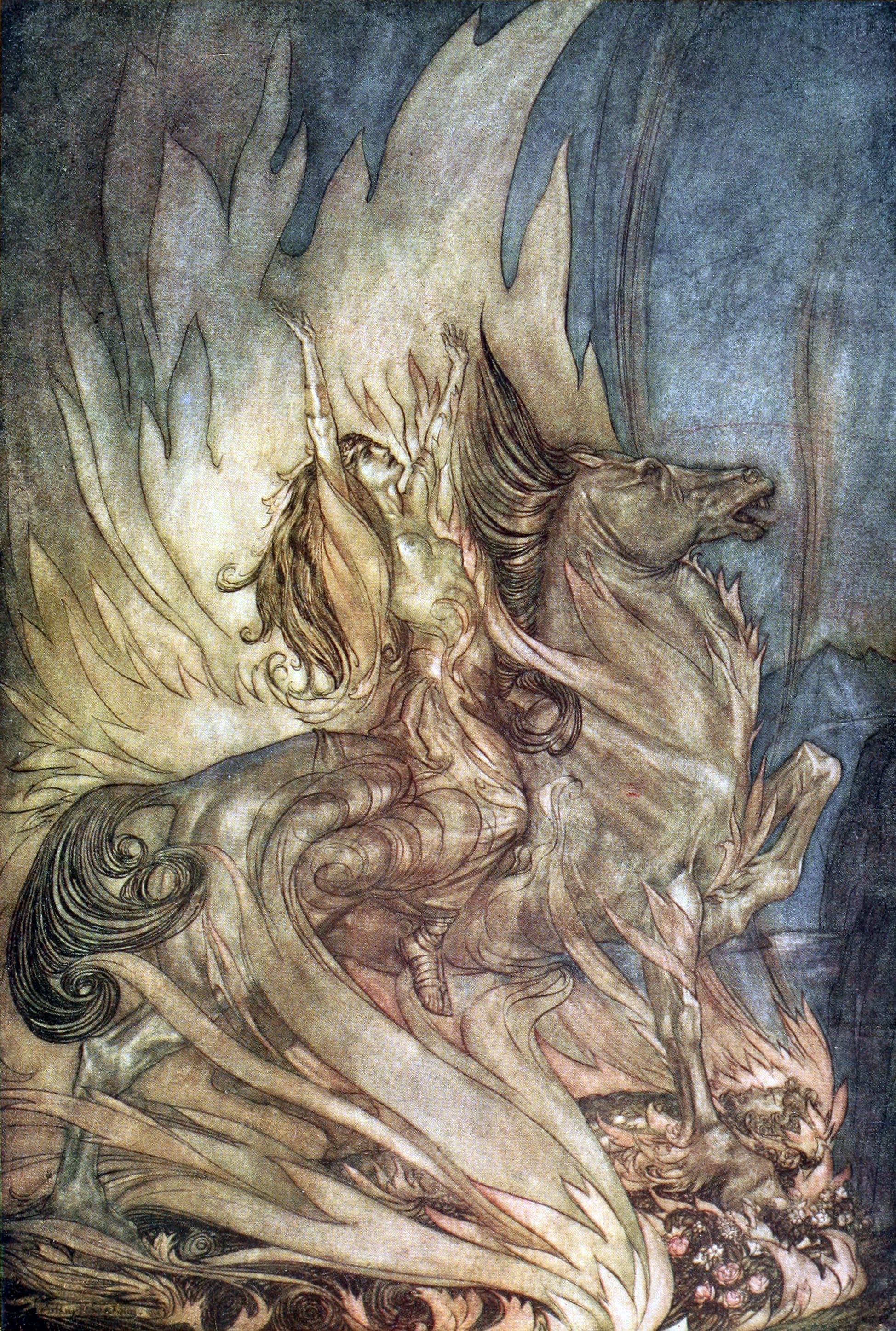 Brunilda subiéndose a la pira funeraria de Sigurd en llamas