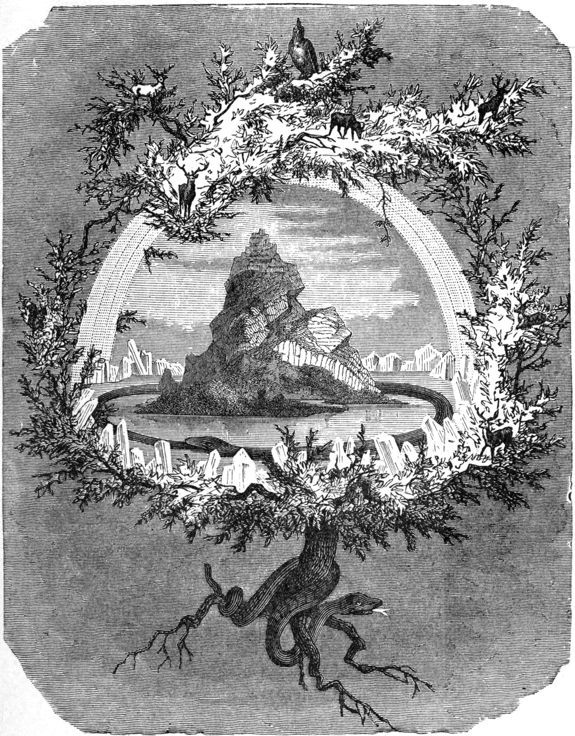 Ilustración del siglo XIX que muestra el árbol Yggdrasill con los diferentes reinos nórdicos, el águila en la cima y la serpiente en la raíz