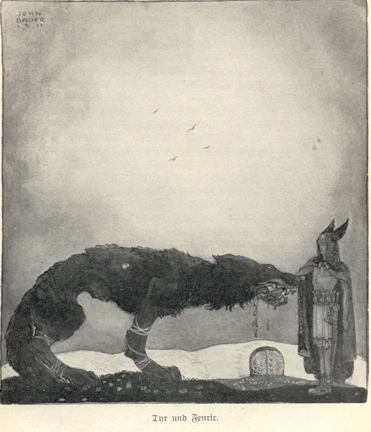 Tyr y Fenrir por John Bauer (1911), ilustración clásica del momento en que el dios pierde la mano