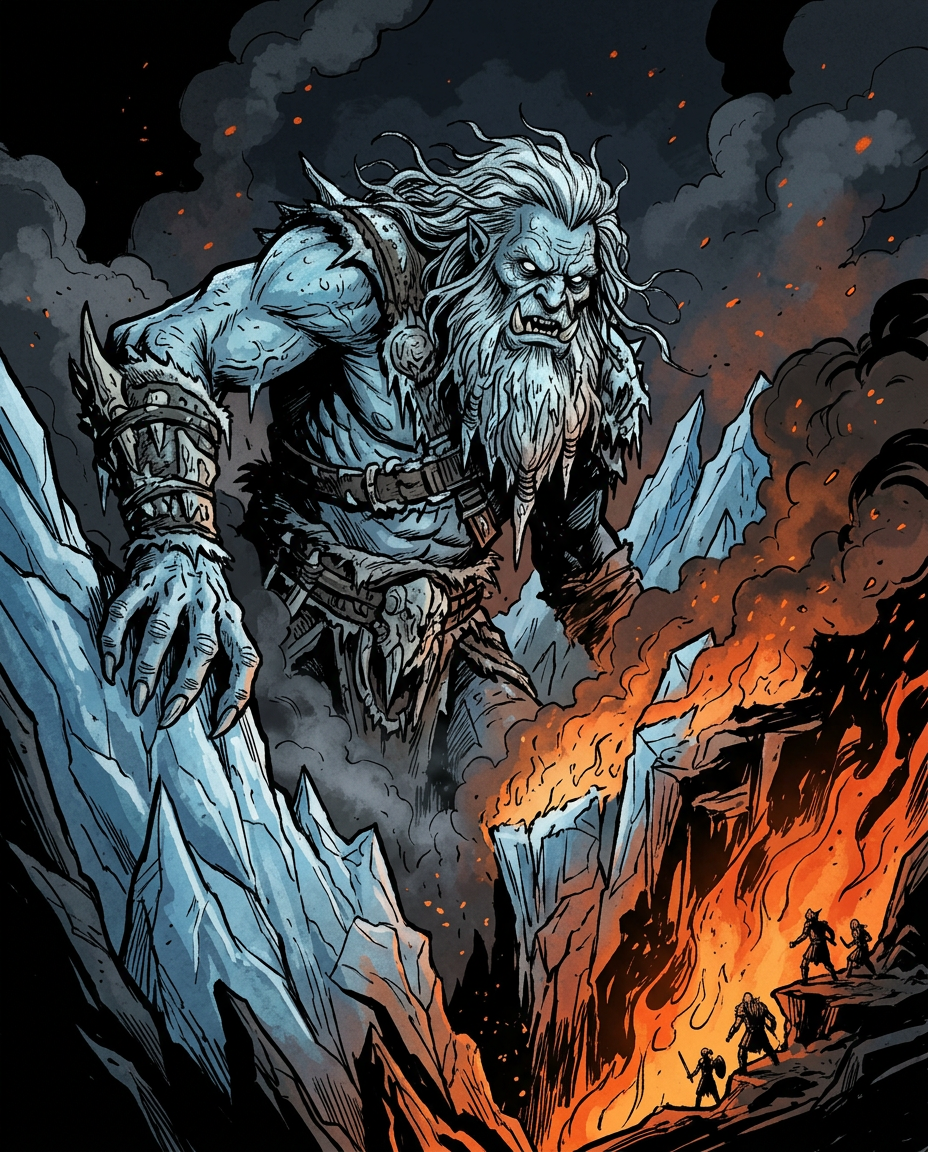 El gigante Ymir emergiendo del hielo y el fuego en el abismo primordial de Ginnungagap