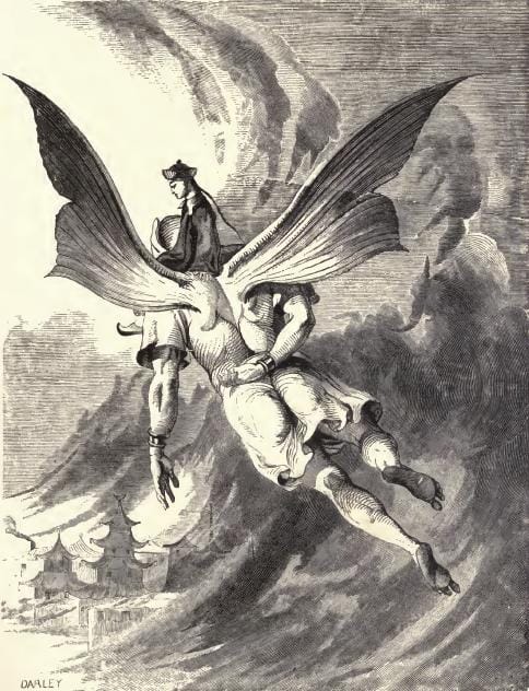 Ilustración clásica de Aladino invocando al genio de la lámpara