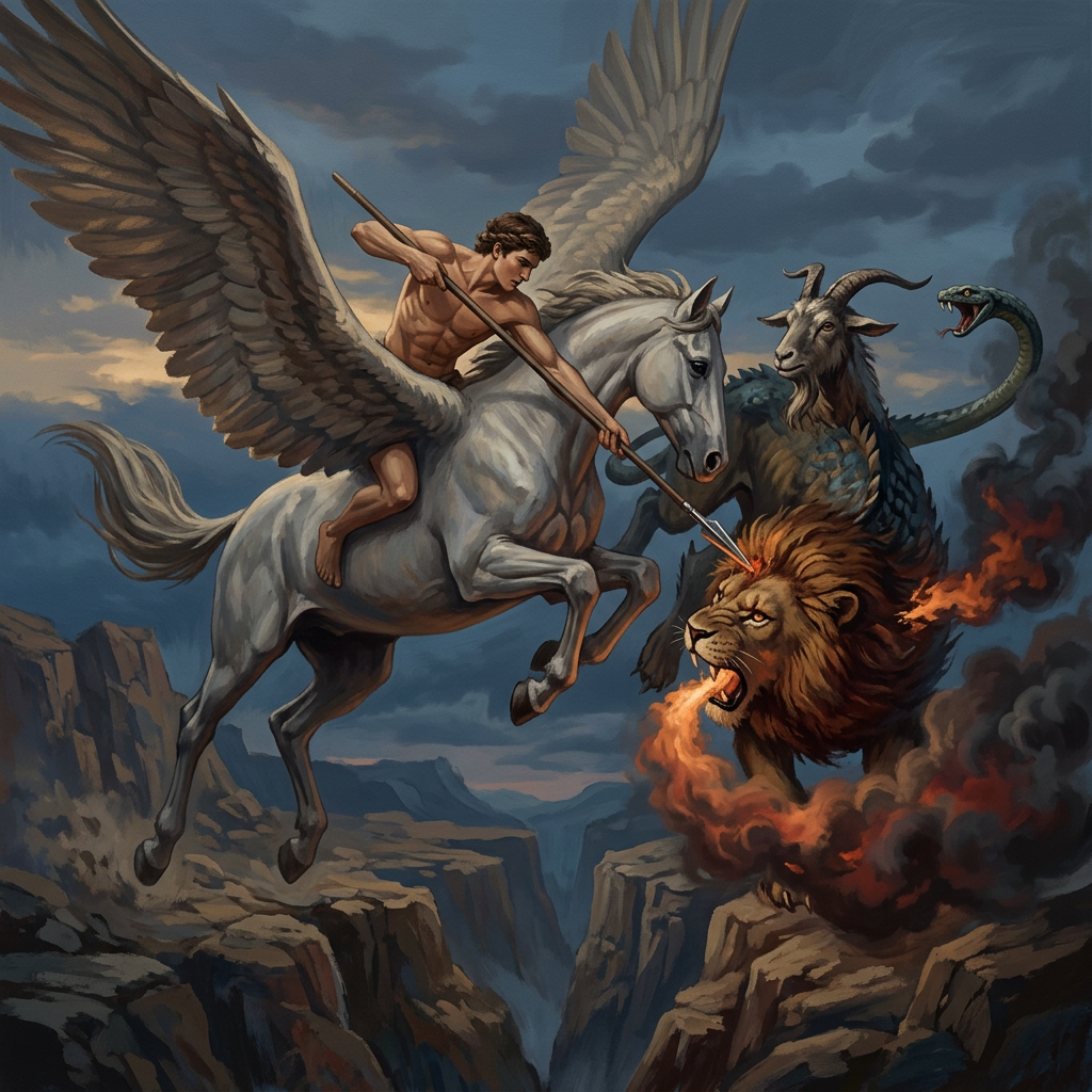 Belerofonte volando sobre Pegaso y atacando a la Quimera con una lanza