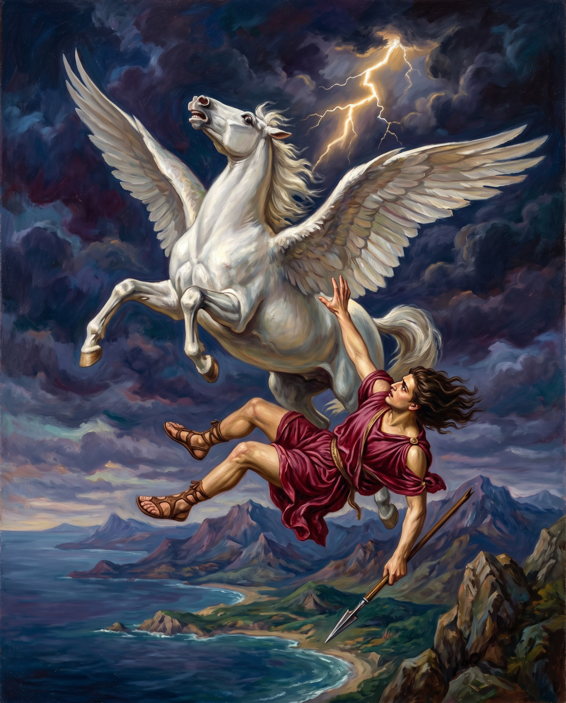 Belerofonte cayendo de Pegaso con un rayo de Zeus en el cielo
