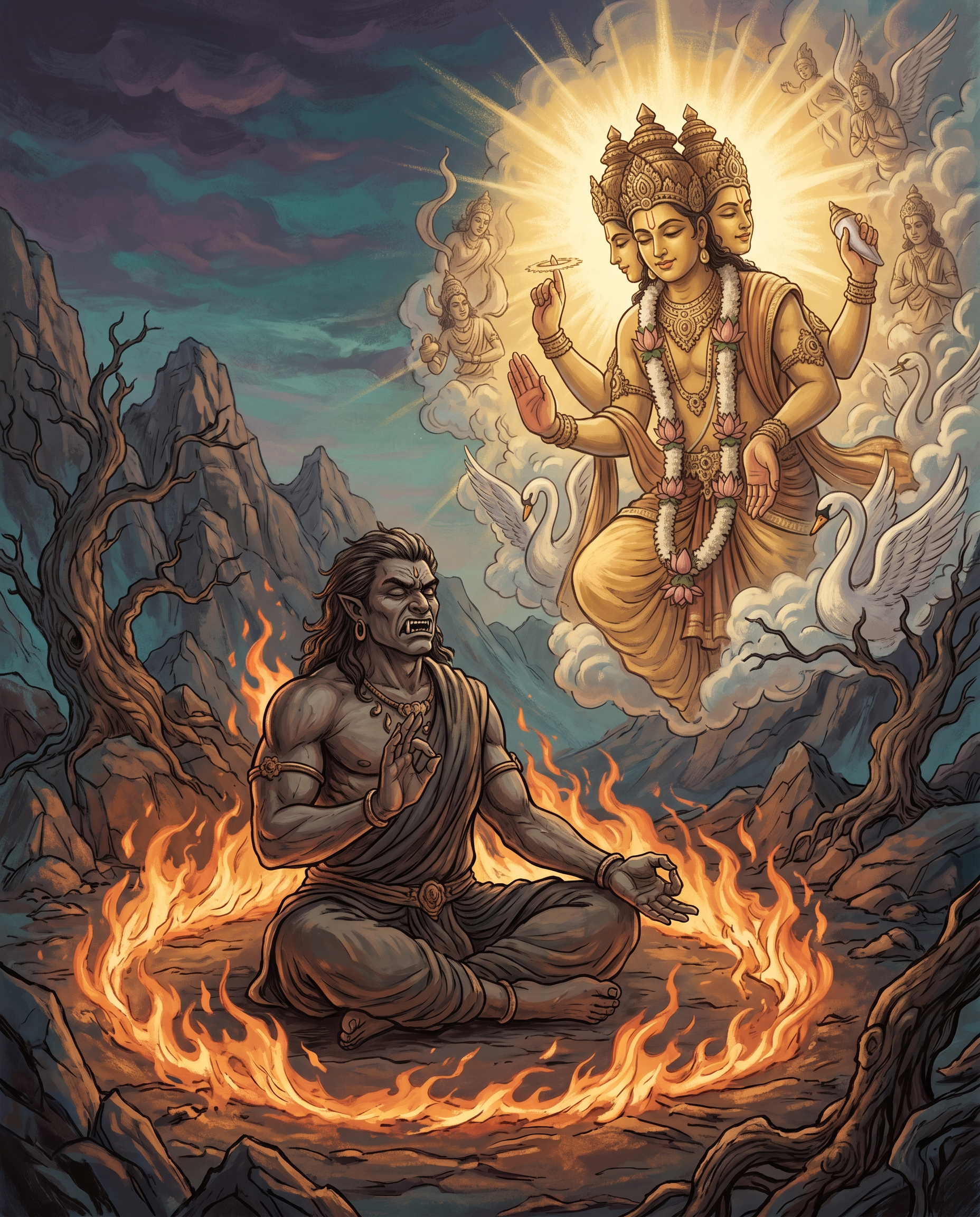 Brahma concediendo una bendición a un demonio asura en meditación