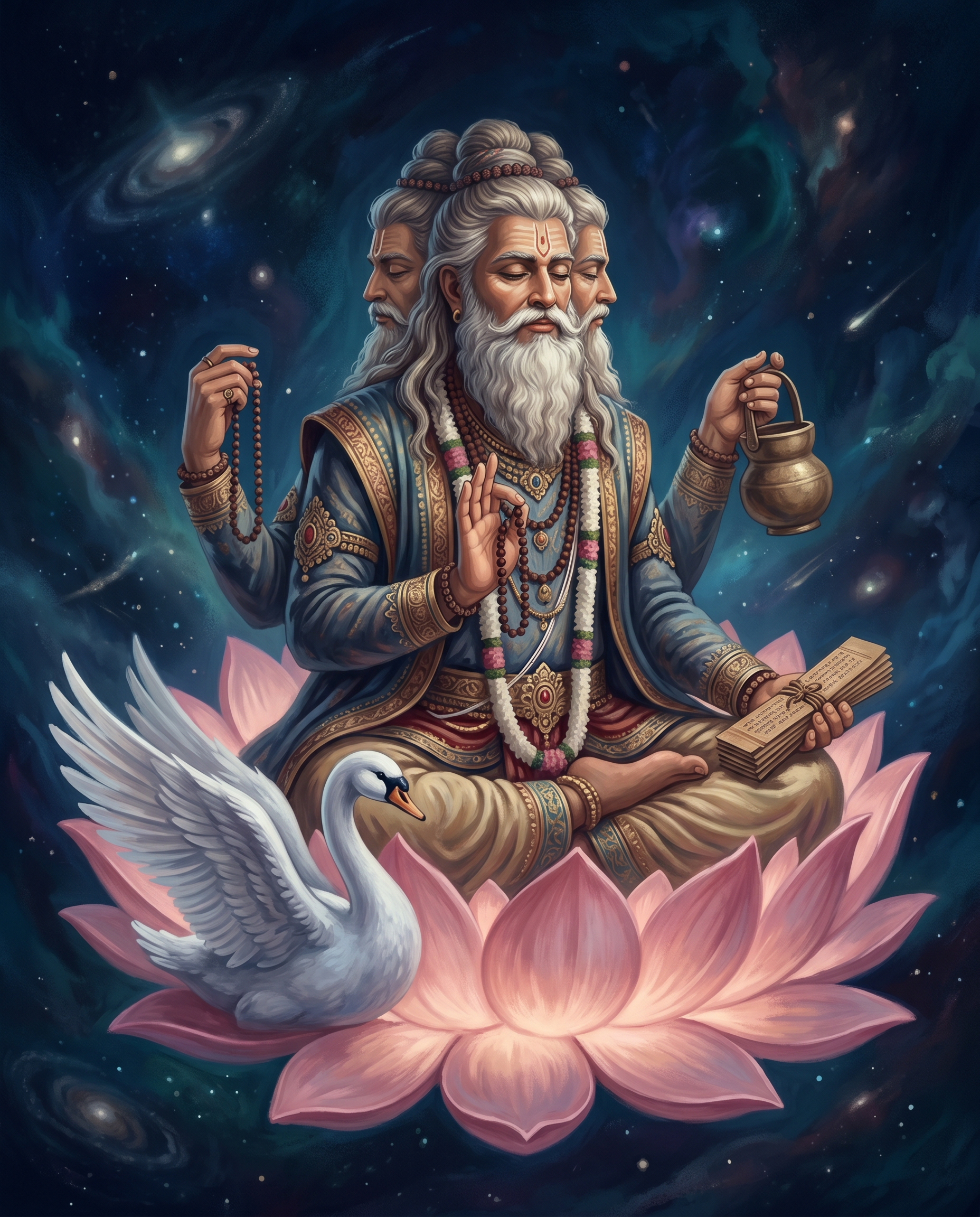El dios Brahma de cuatro cabezas meditando sobre una flor de loto cósmica