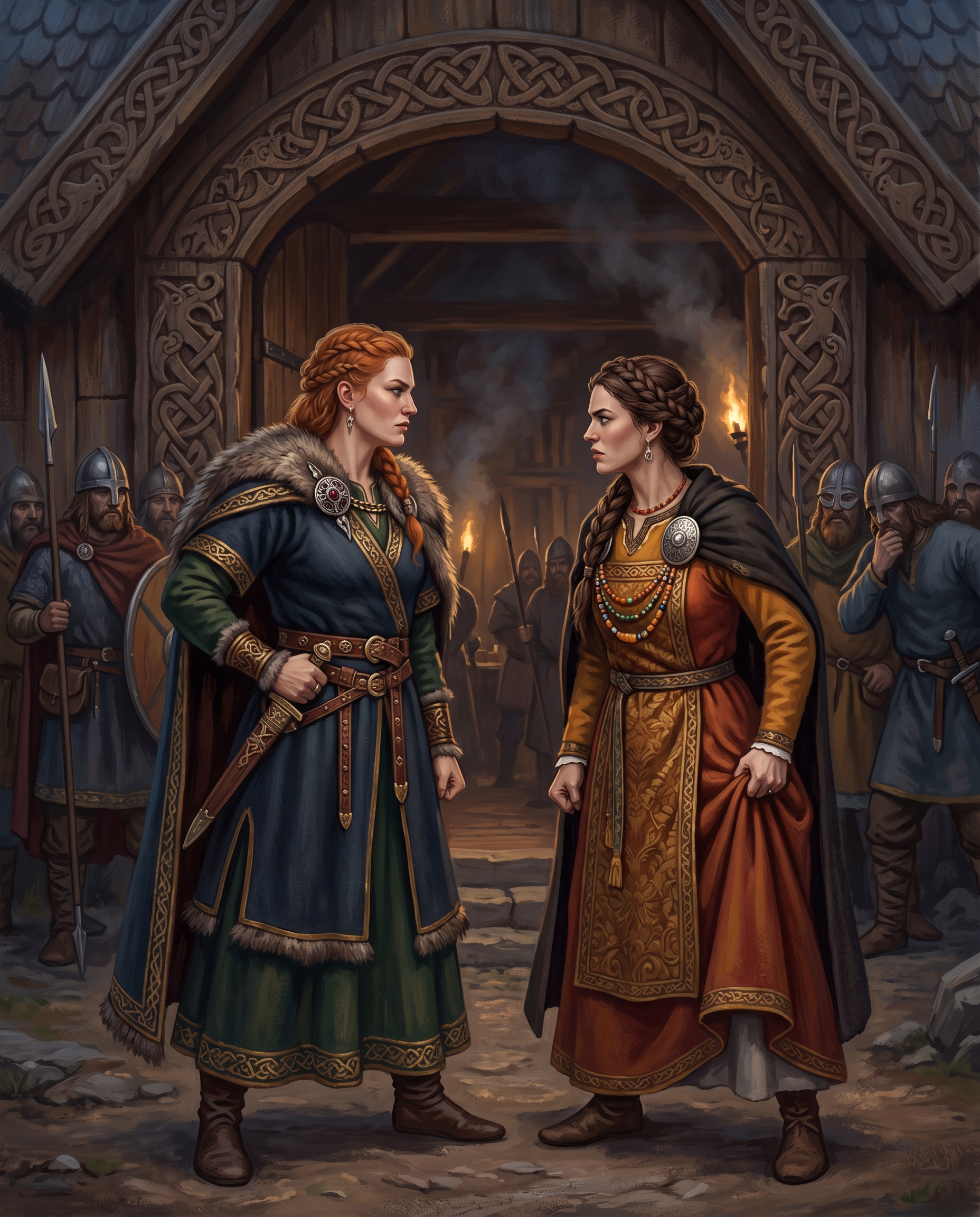 Brunilda y Gudrun discutiendo furiosamente en las escaleras del gran salón vikingo