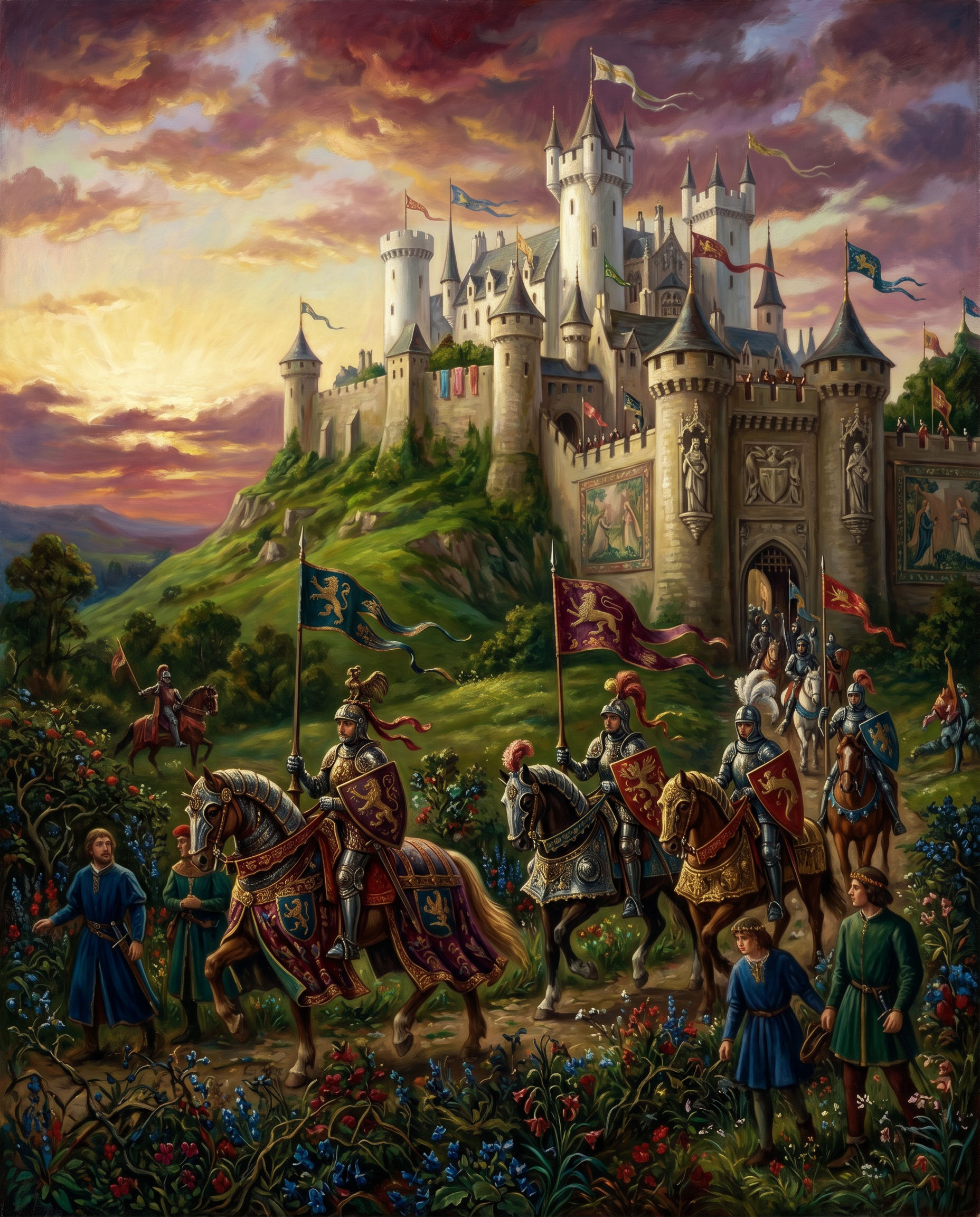 El castillo de Camelot alzándose sobre una colina al amanecer, con estandartes al viento y caballeros acercándose