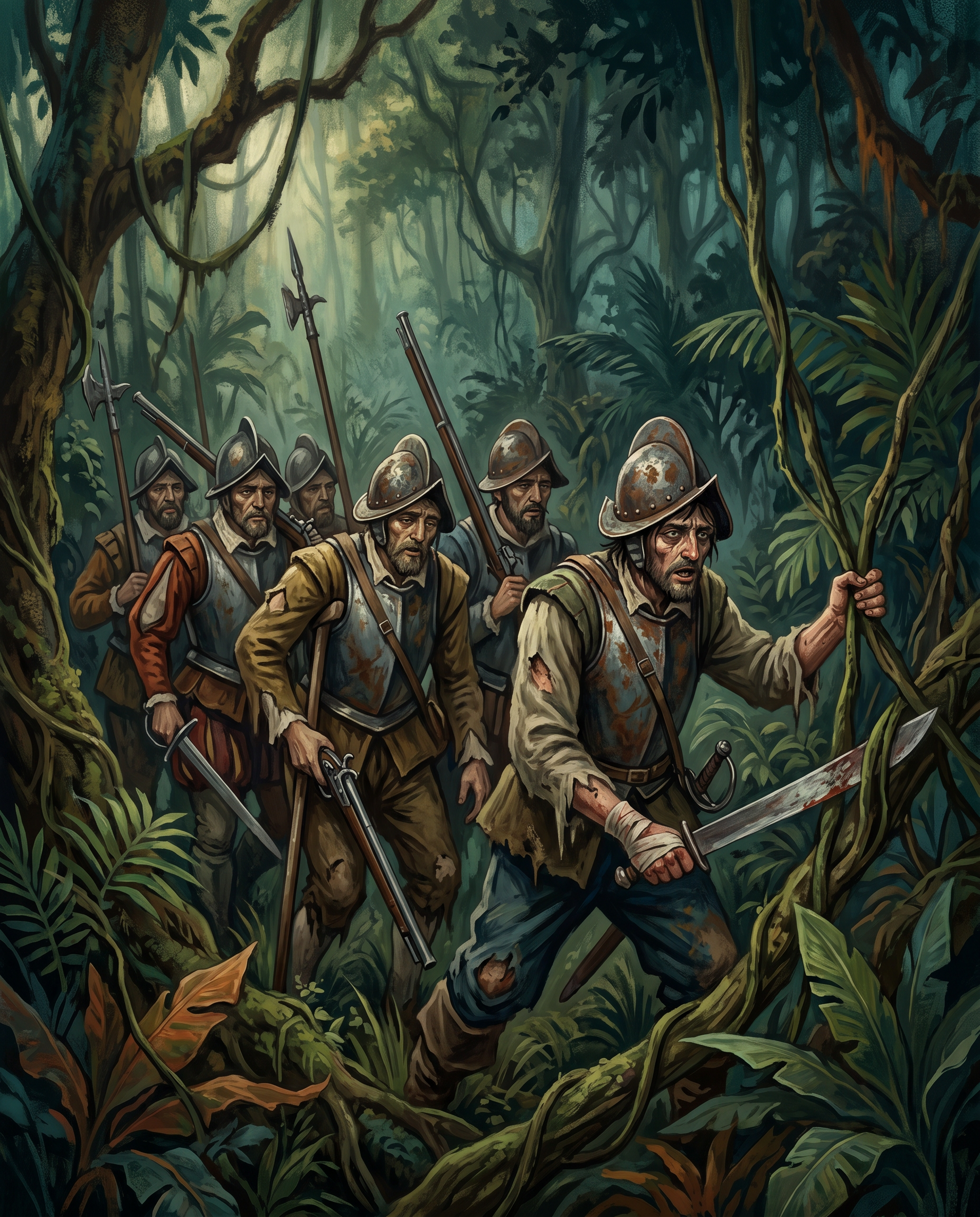 Expedición de conquistadores españoles exhaustos y enfermos abriéndose paso por la espesa selva amazónica
