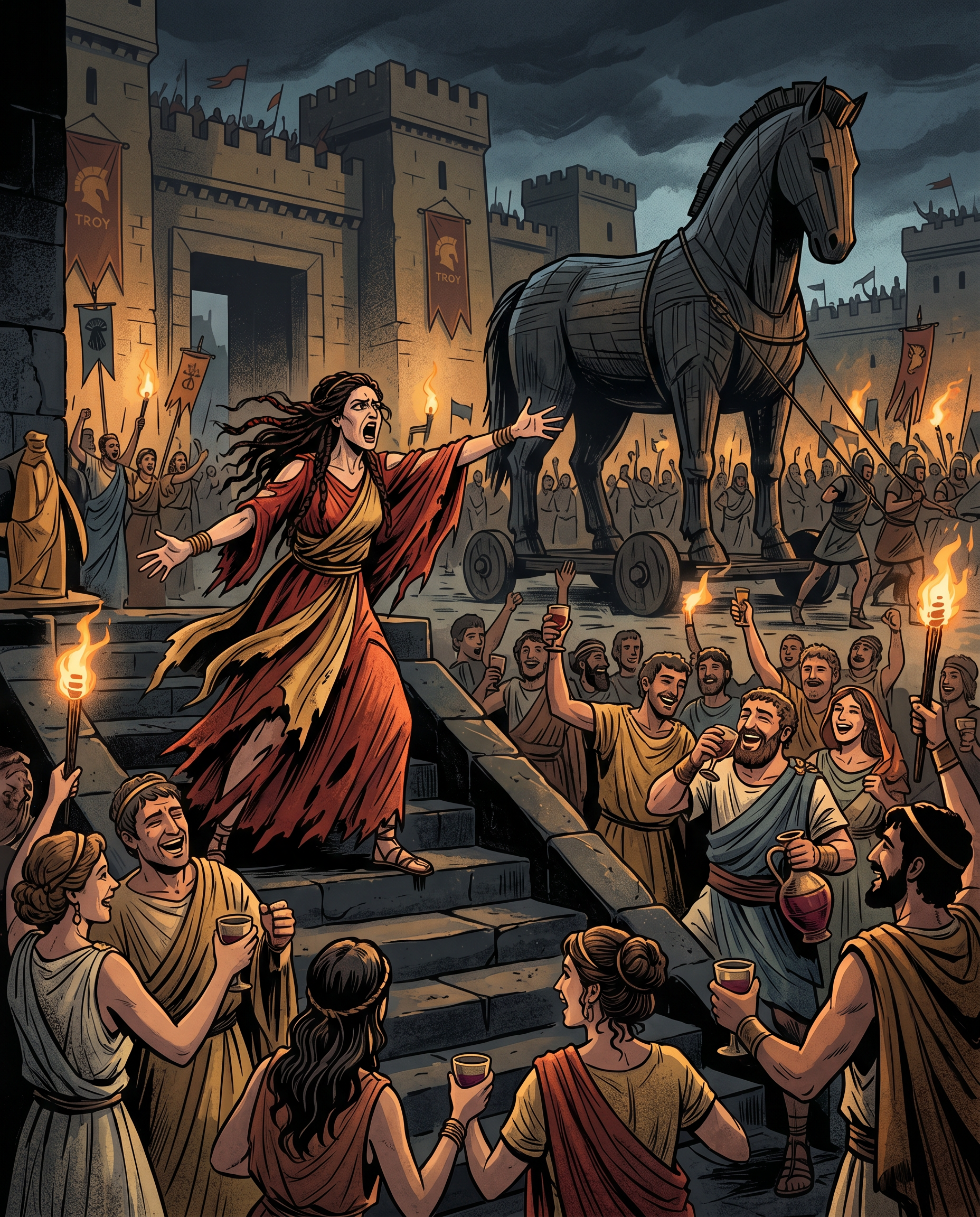 Ilustración editorial de Casandra advirtiendo sobre el Caballo de Troya mientras los troyanos celebran