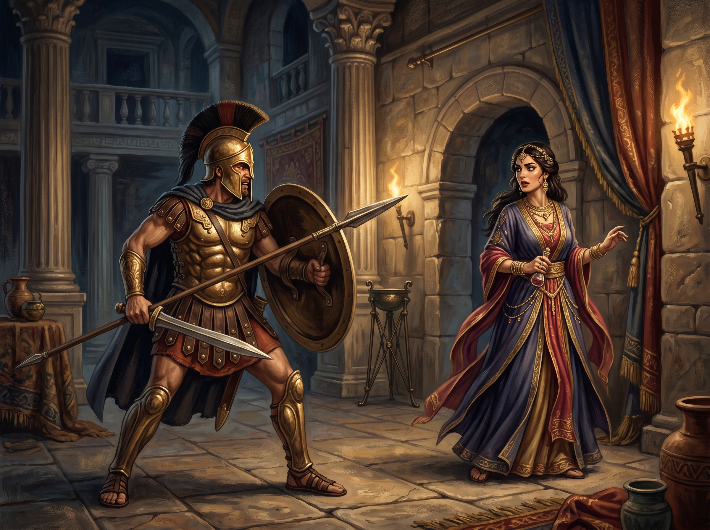 Ilustración de Odiseo enfrentándose a Circe con su espada desenvainada